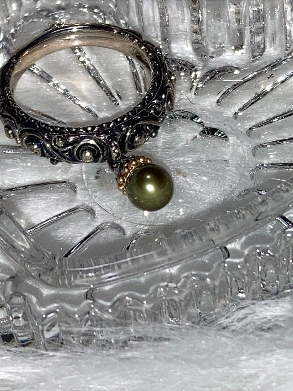 Bixby Silver Filigree Ring with Olive Pearl